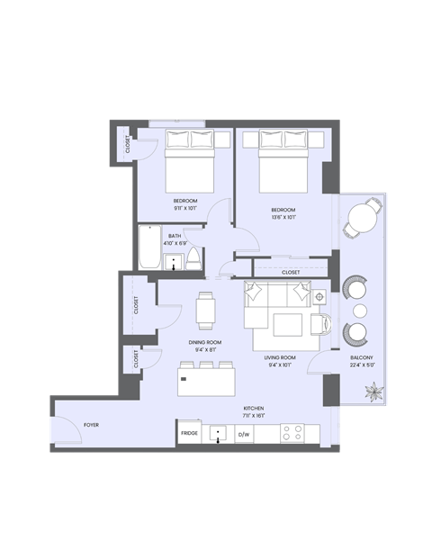 Floor plan for 2 beds, 1 bath, 850 sqft